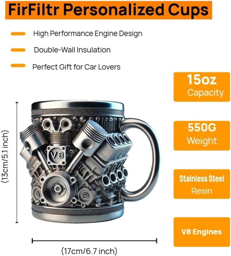 FirFiltr كوب ستانلس ستيل لمحركات V8، كوب قهوة مخصص مع مقبض معزول، مثالي لهدايا عشاق السيارات، الميكانيكيين، عيد الميلاد، تزيين غرفة المعيشة كعمل فني - Image 3